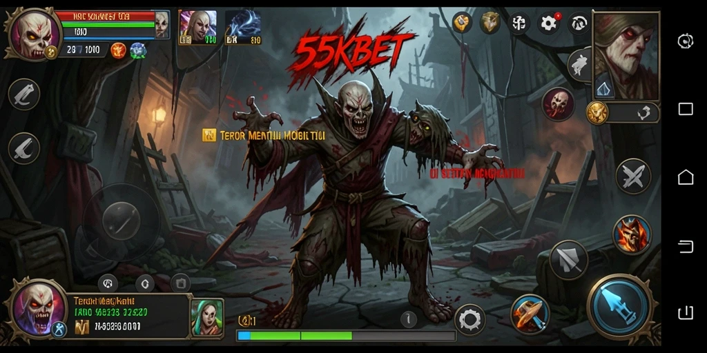Screenshot gameplay 55KBET menampakkan suasana horor yang mencekam.