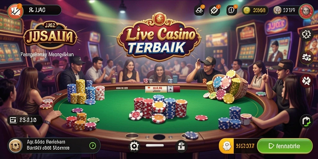 Screenshot gameplay menampilkan dealer langsung dalam permainan kasino.