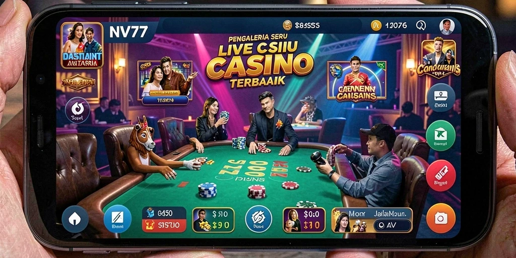 Screenshot NV77 menunjukkan pengalaman bermain live casino yang mendebarkan.
