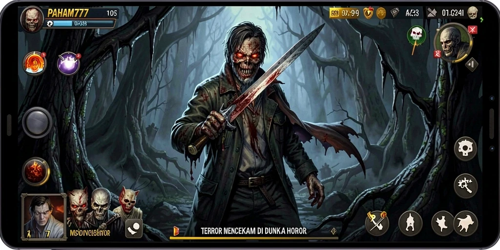 Screenshot gameplay PAHAM777 dengan nuansa horor yang mencekam.