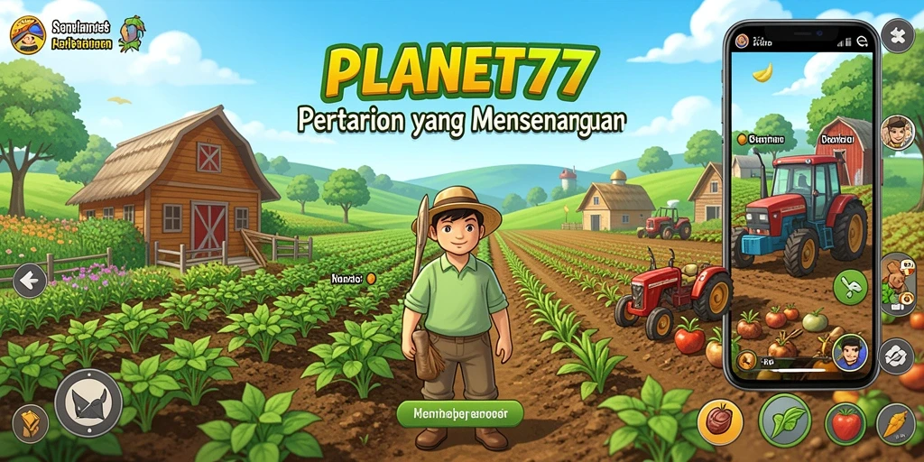Screenshot gameplay <strong>PLANET77</strong> menunjukkan kebun yang indah dengan berbagai tanaman dan hewan.